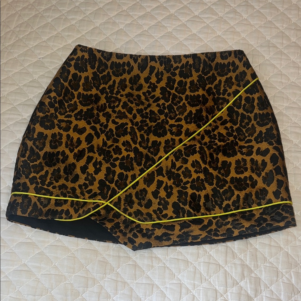 For Love And Lemons Leopard Print Pencil Skirt with Yellow Trim